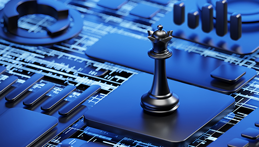 Abstract image of a blue circuit board with a chess piece on it